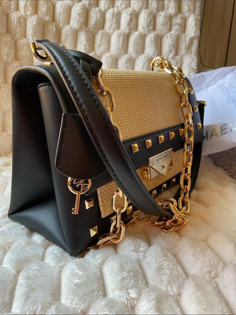 Michael Kors Black and Tan Chain-Detail Shoulder Bag - Picture 2 of 8